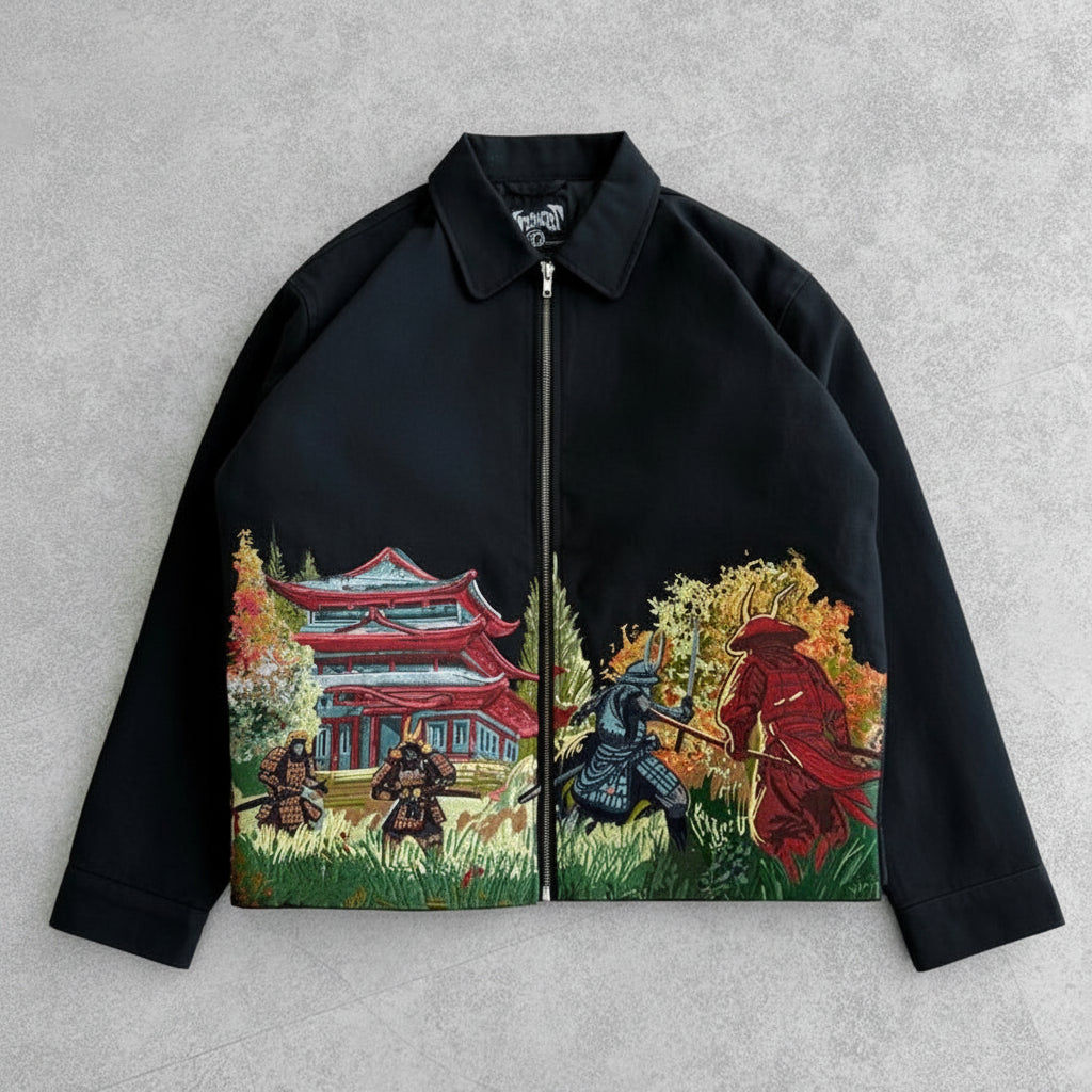 Black jacket with artistic designs of samurai and a temple on a gray background, featuring